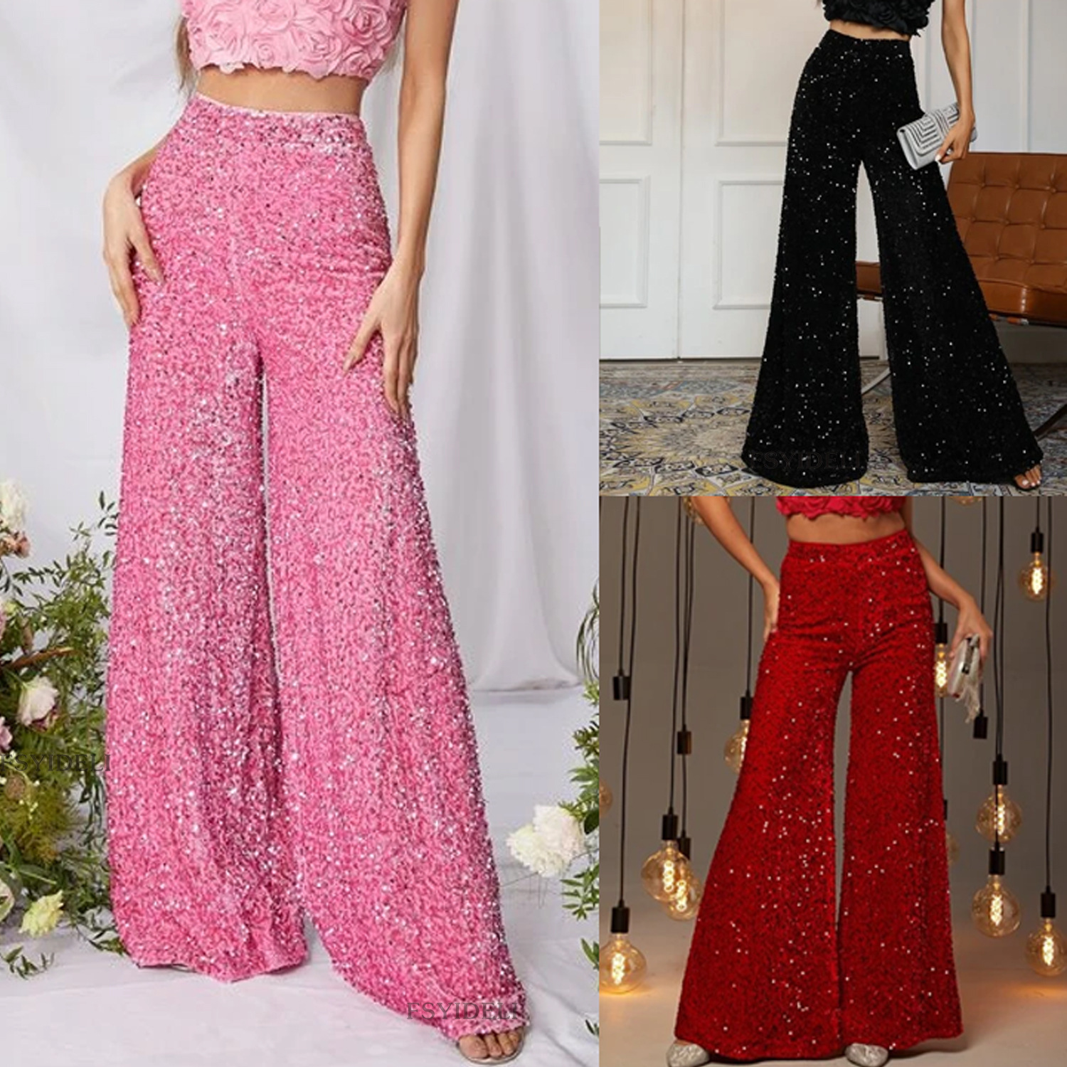 Women's Sequin Wide-Leg Pants Solid Color High-Waist Slimming