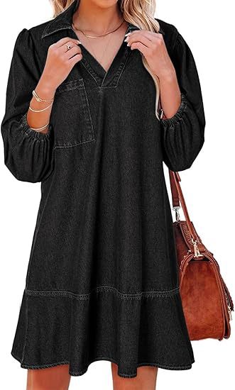 Women's Loose Denim Dress with V-Neck and 3/4 Bubble Sleeves