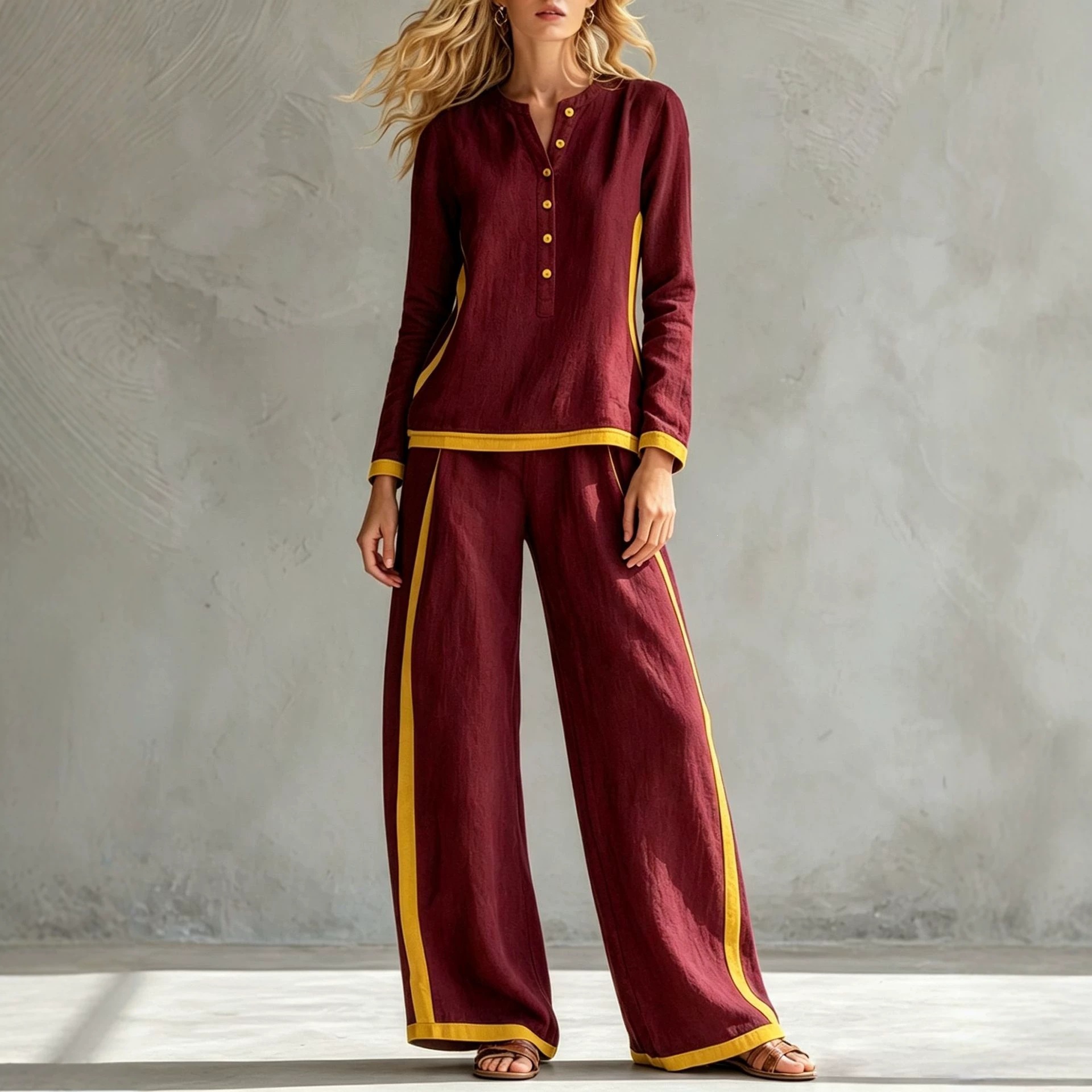 Women's Colorblock Buttoned Half Cardigan & Wide-Leg Pants Set