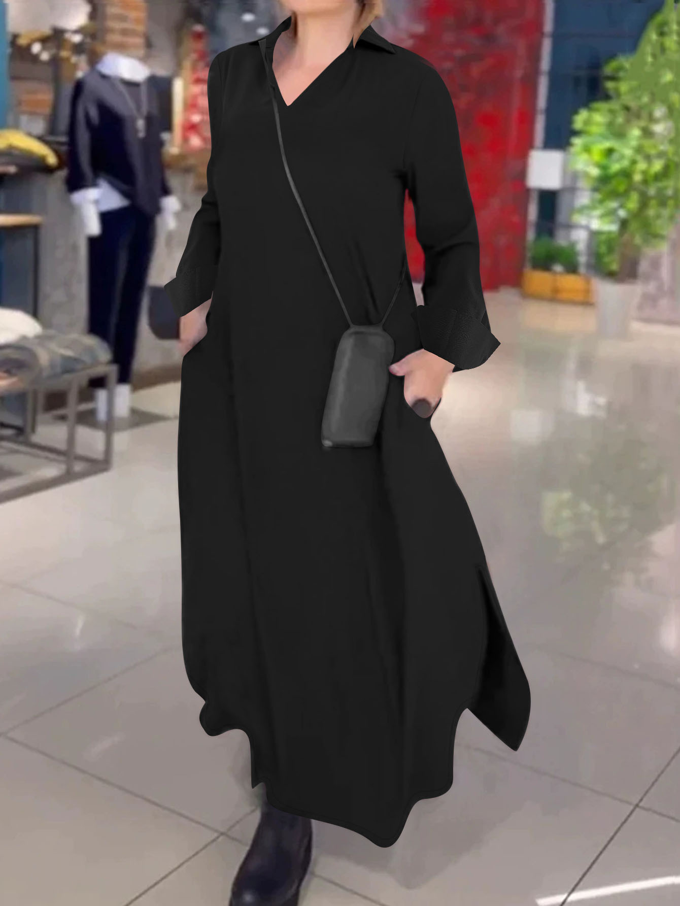 Elegant Solid Color Long Sleeve Polo Neck Maxi Dress