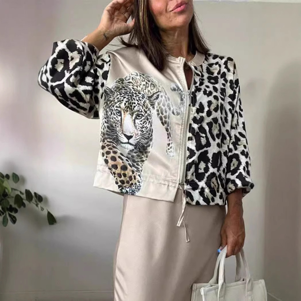 Women's Leopard Print Bomber Jacket Zip-Up Stand Collar