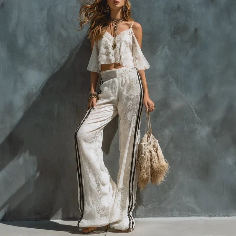 Retro Striped Trim White Off-Shoulder Lace T-Shirt and Wide-Leg Pants Set