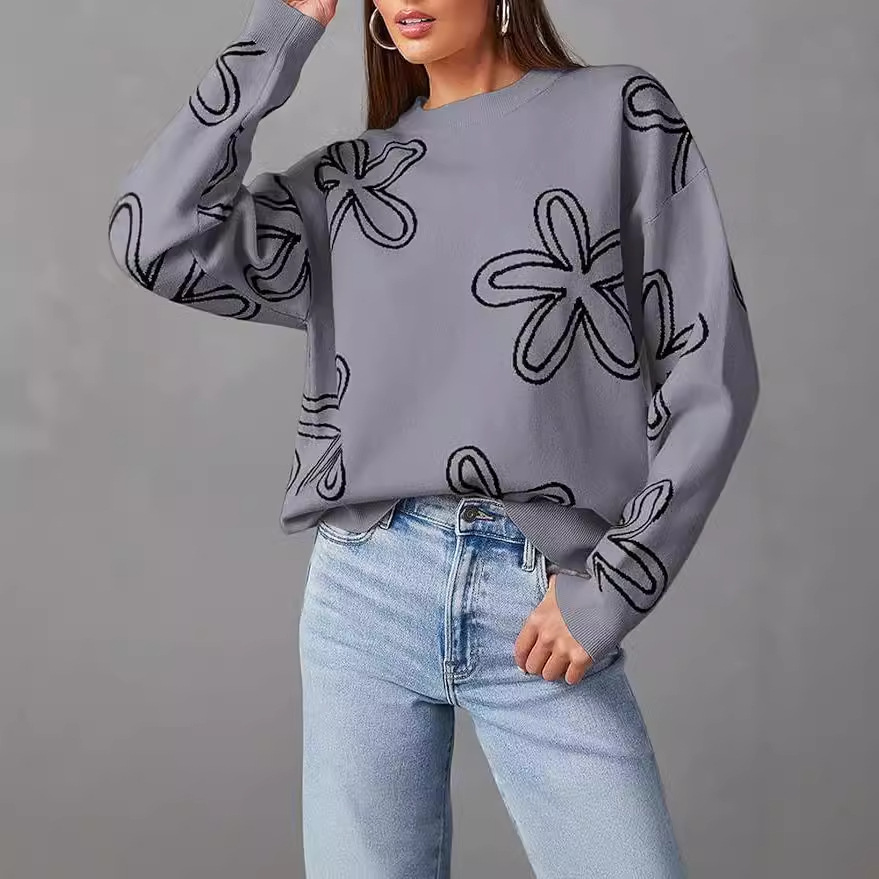 Women's Floral Print Chunky Knit Crewneck Long Sleeve Pullover Sweater