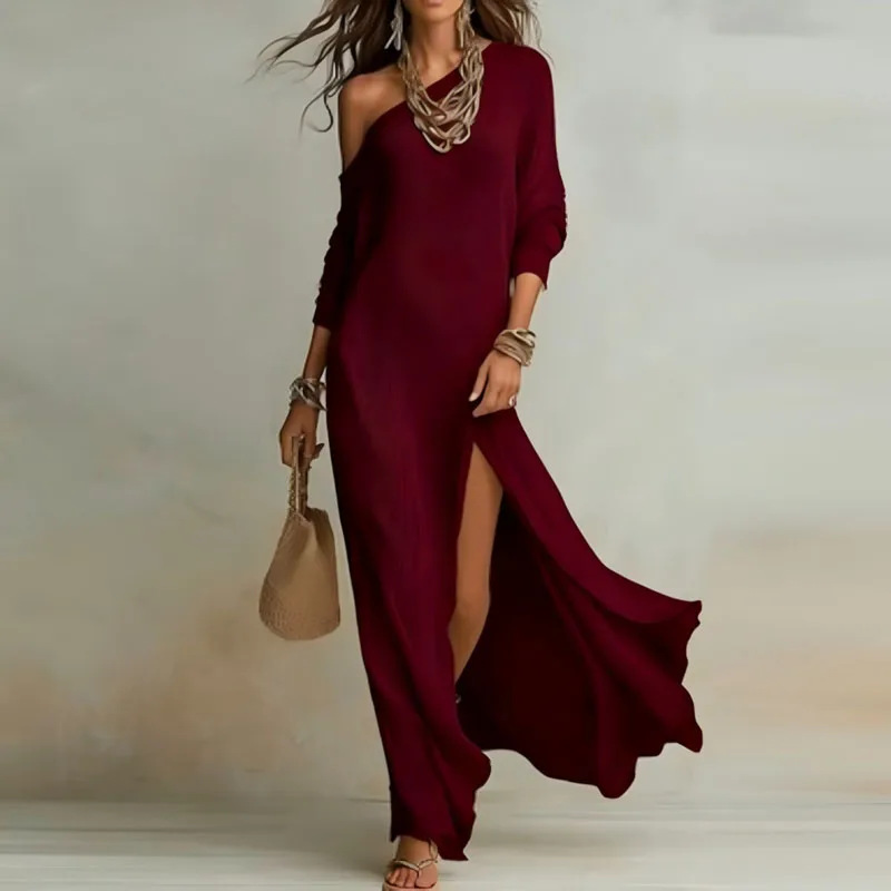 Women's Summer French Casual Slim Fit Solid One-Shoulder Slit Dress