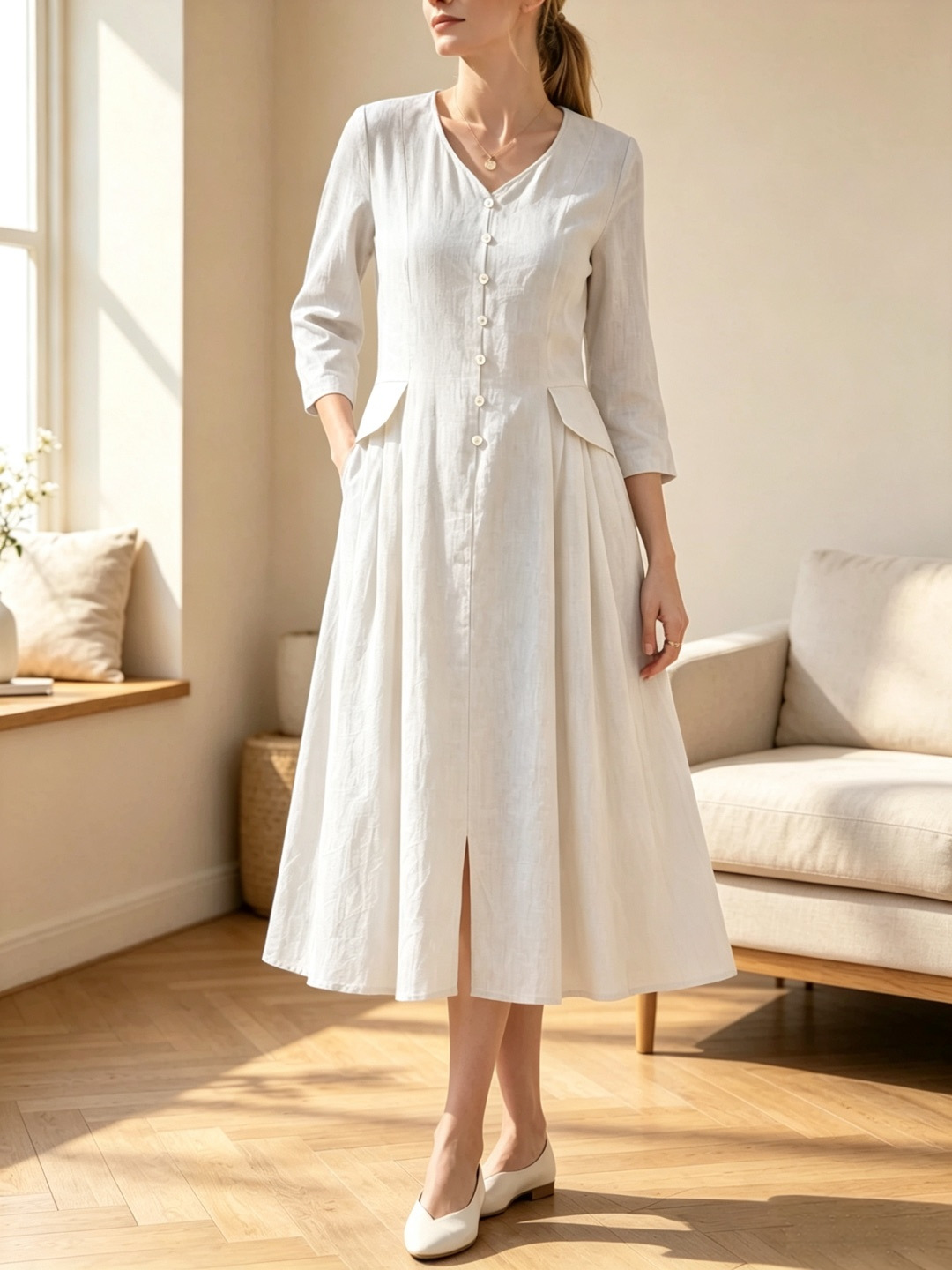 Solid Color High-Waist Loose A-Line Midi Dress with V-Neck and 3/4 Sleeves