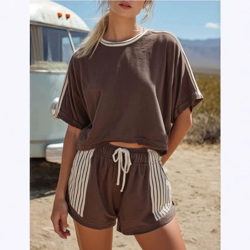 Retro Color Block Striped Brown Short Sleeve Cotton T-Shirt and Shorts Set