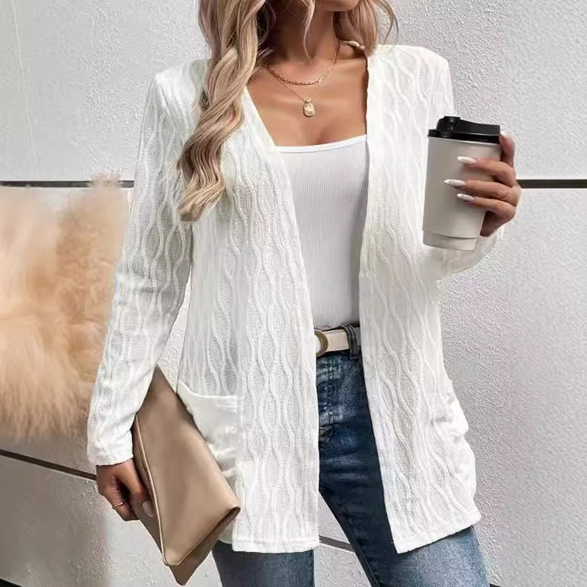 Women's Open-Front Knit Cardigan Long Sleeve Hollow-Out Solid Color
