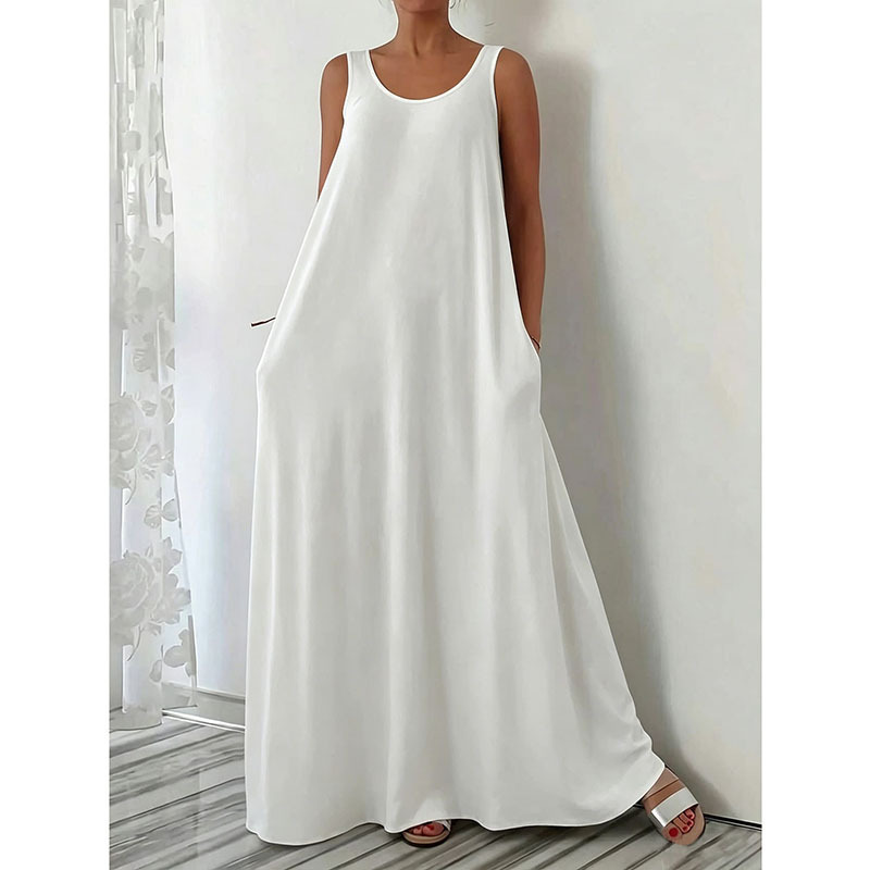 Women's Summer Sleeveless Solid Color Long Dress Casual Slim Fit
