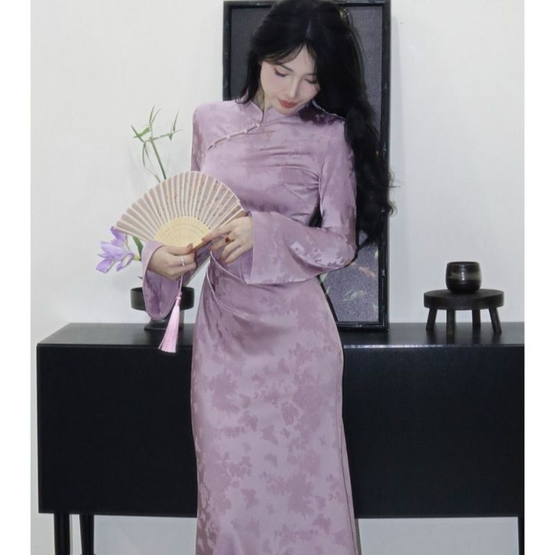 New Chinese Style Women's Improved Qipao Dress with Purple Frog Buttons