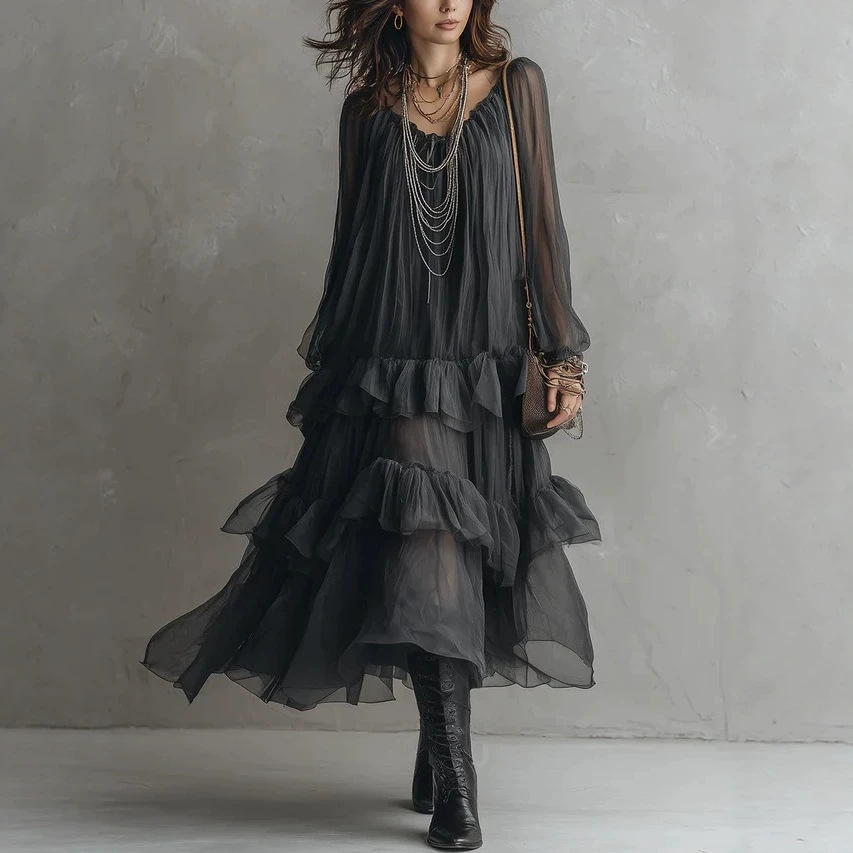 Sheer Chiffon Long Sleeve Tiered Ruffle Maxi Dress