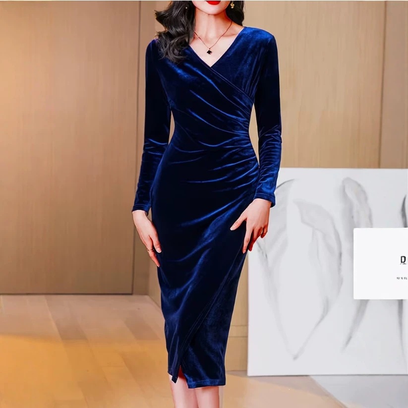 Pleated Velvet Long Sleeve V-Neck High Slit Evening Dress