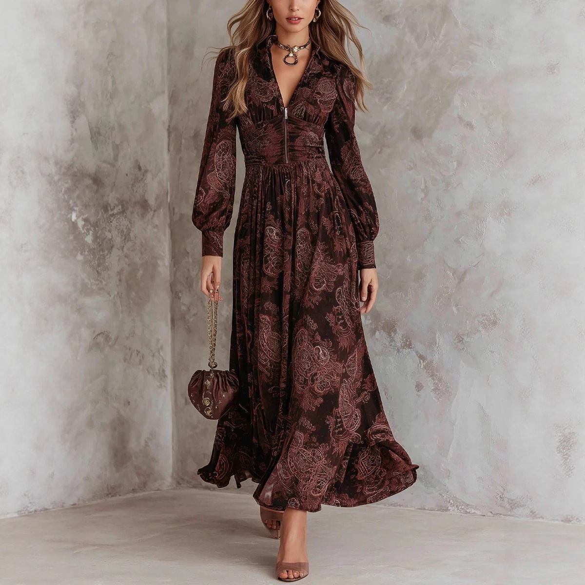 Women's Digital Print Pleated V-Neck Long Dress with Zip Waist