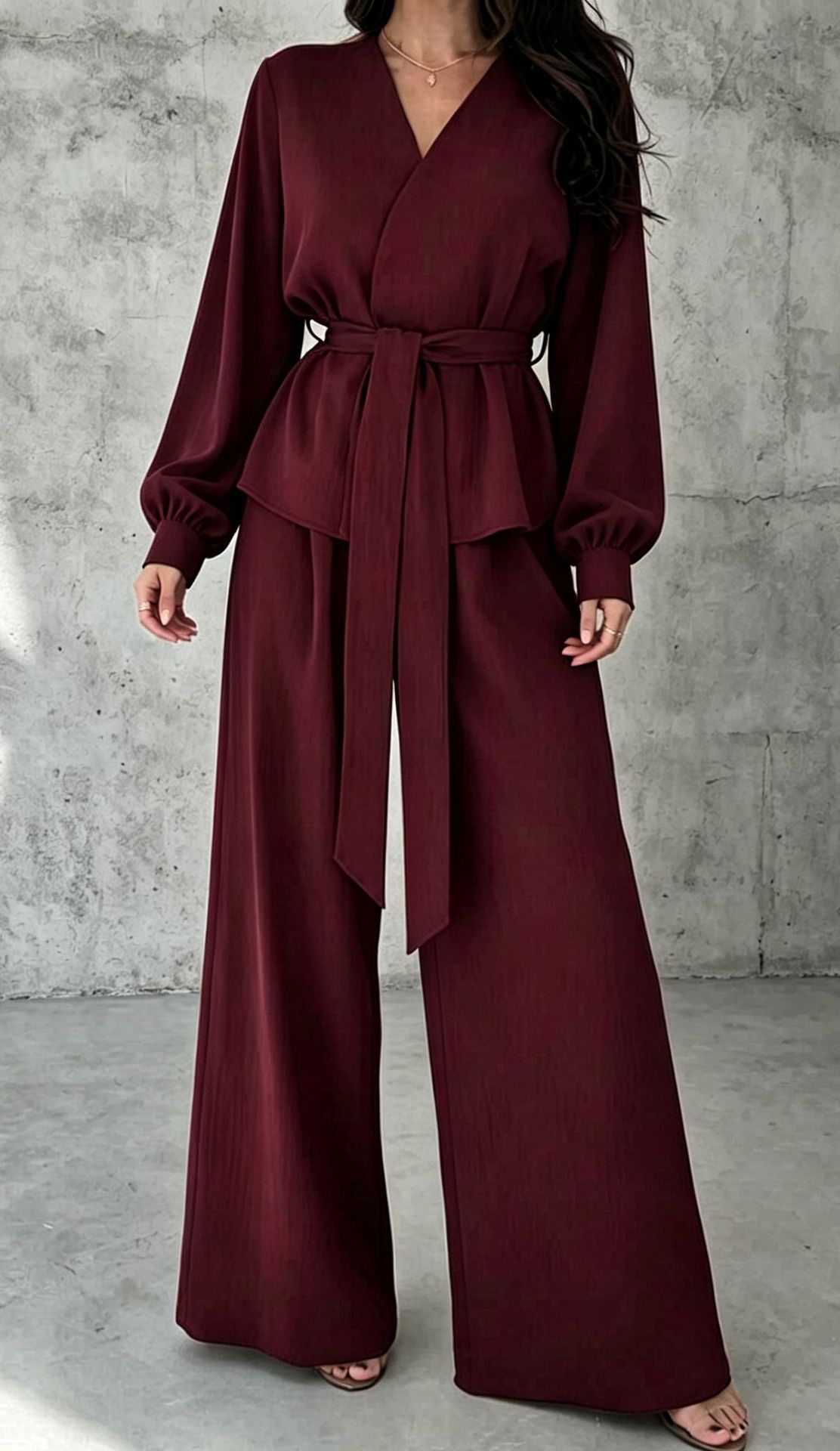 V-Neck Tie Long Sleeve Wide-Leg Pants Casual Two-Piece Set