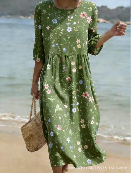 Women's Floral Print Ruched Midi Dress with Half Sleeves