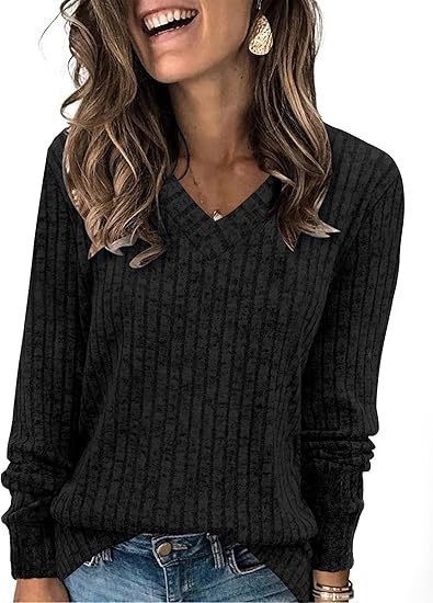 Women's Ribbed Knit V-Neck Long Sleeve Top