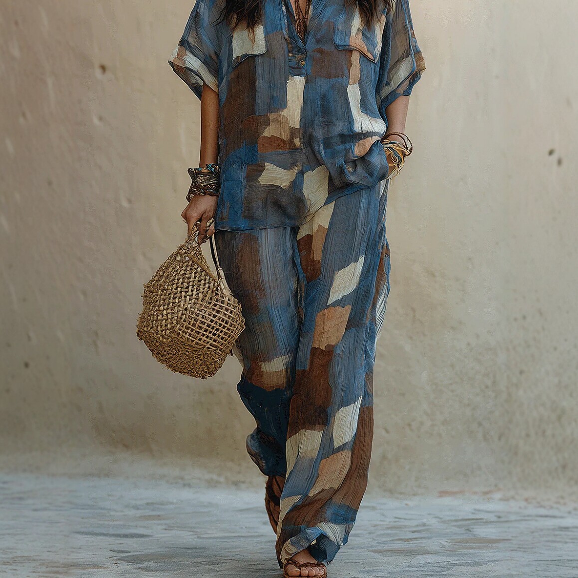 Women's Summer Casual Printed Short-Sleeve Top and Pants Set