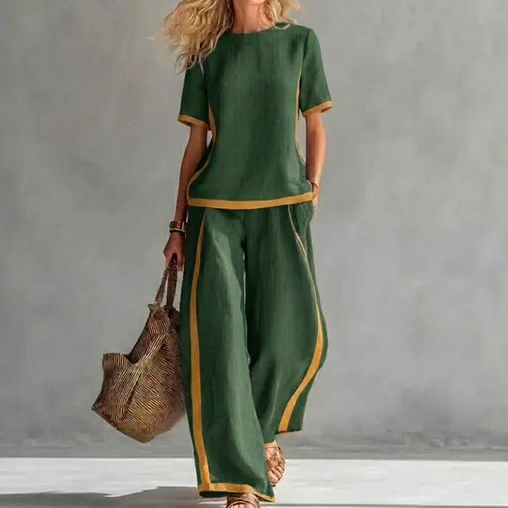 Women's Color-Block Short Sleeve Tee & Wide-Leg Pants Two-Piece Set