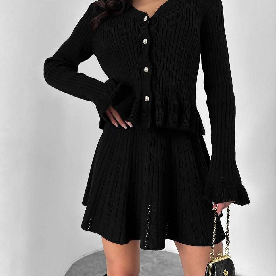French-Style V-Neck Long-Sleeve Rhinestone-Button Ruffle Knit Two-Piece Skirt Set