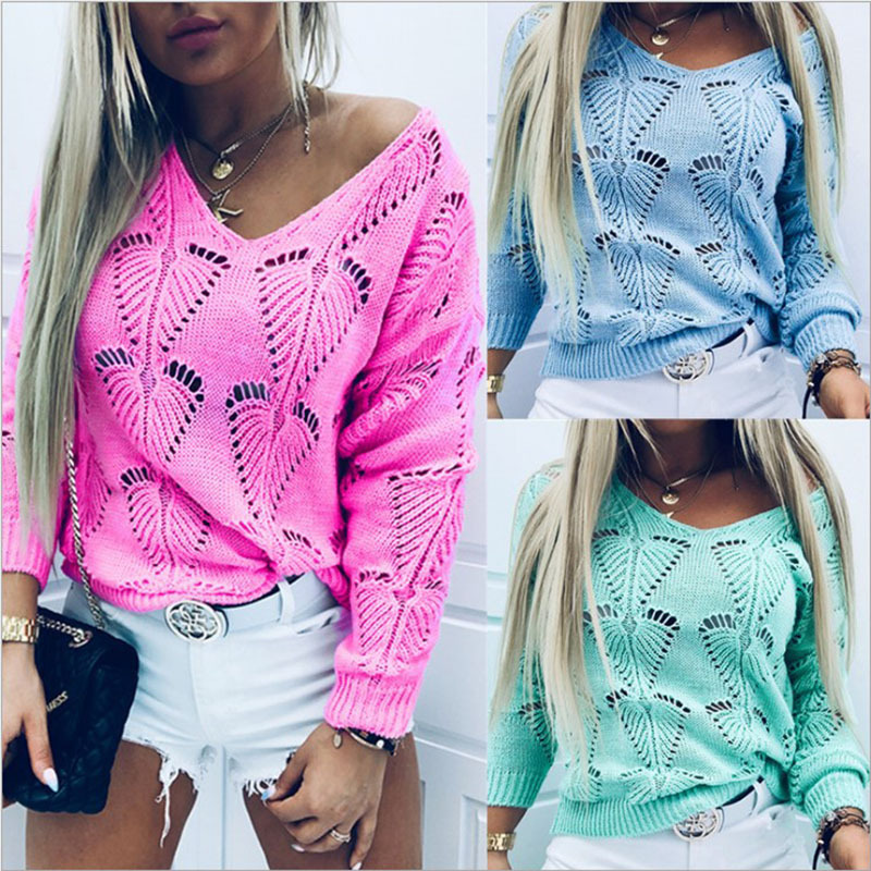 Solid V-Neck Hollow-Out Loose Knit Sweater