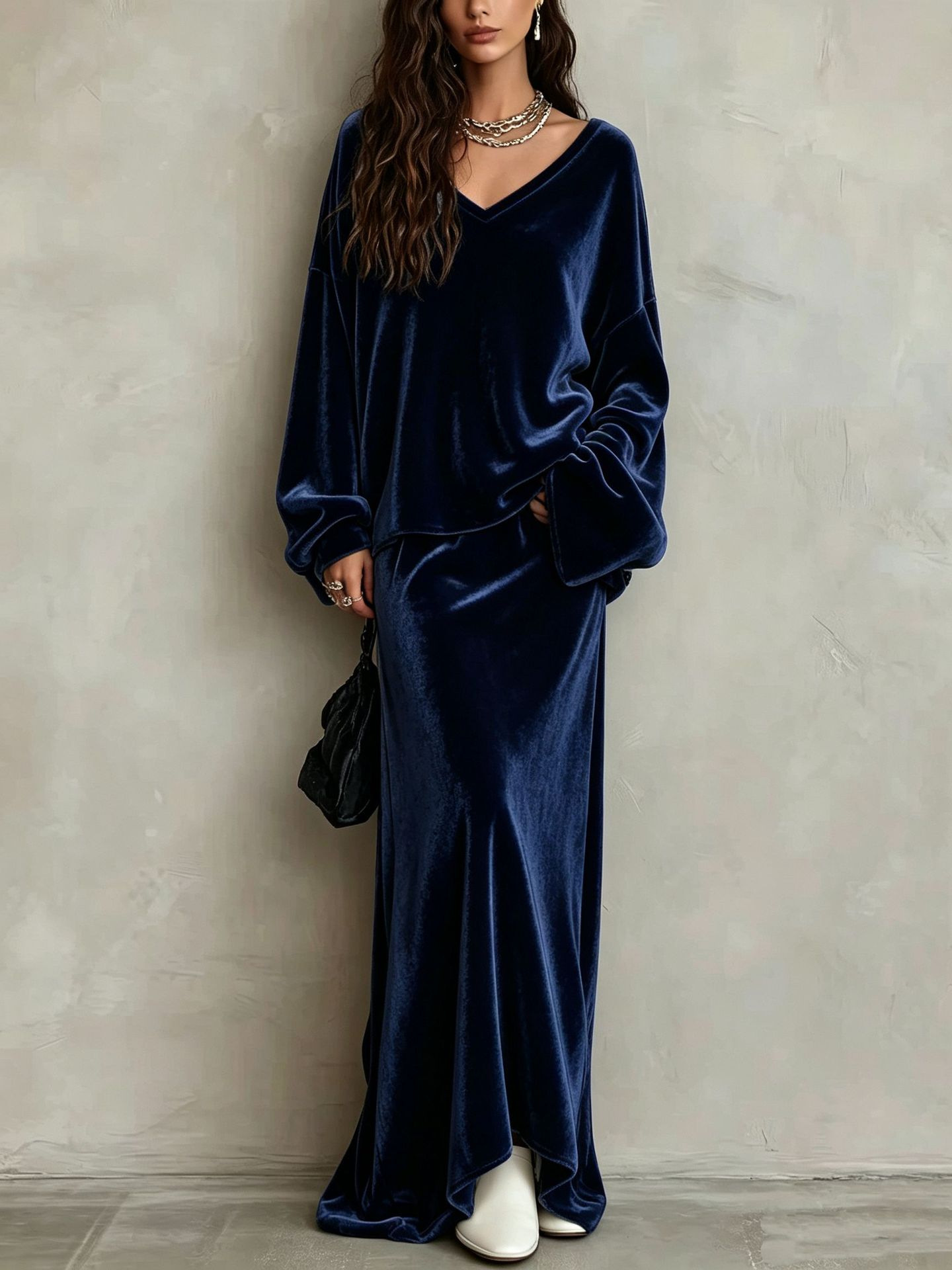 Solid Velvet V-Neck Long Sleeve Women's Skirt Set