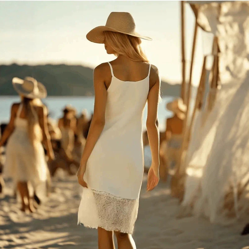 Classic Elegant White Cotton Midi Dress with Thin Straps