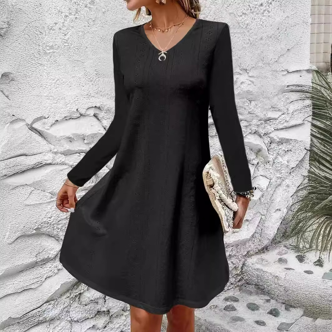 Women's Hollow Jacquard V-Neck Long Sleeve A-Line Midi Dress