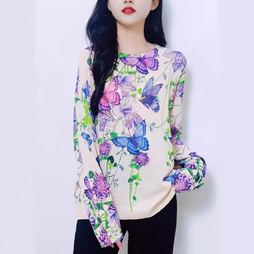 Elegant Butterfly Print Knit Pullover Sweater Long Sleeve Crew Neck Color Block