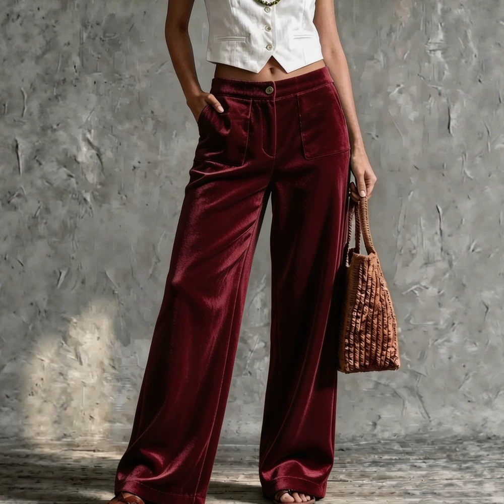 Velvet High-Waist Straight-Leg Pants with Pockets