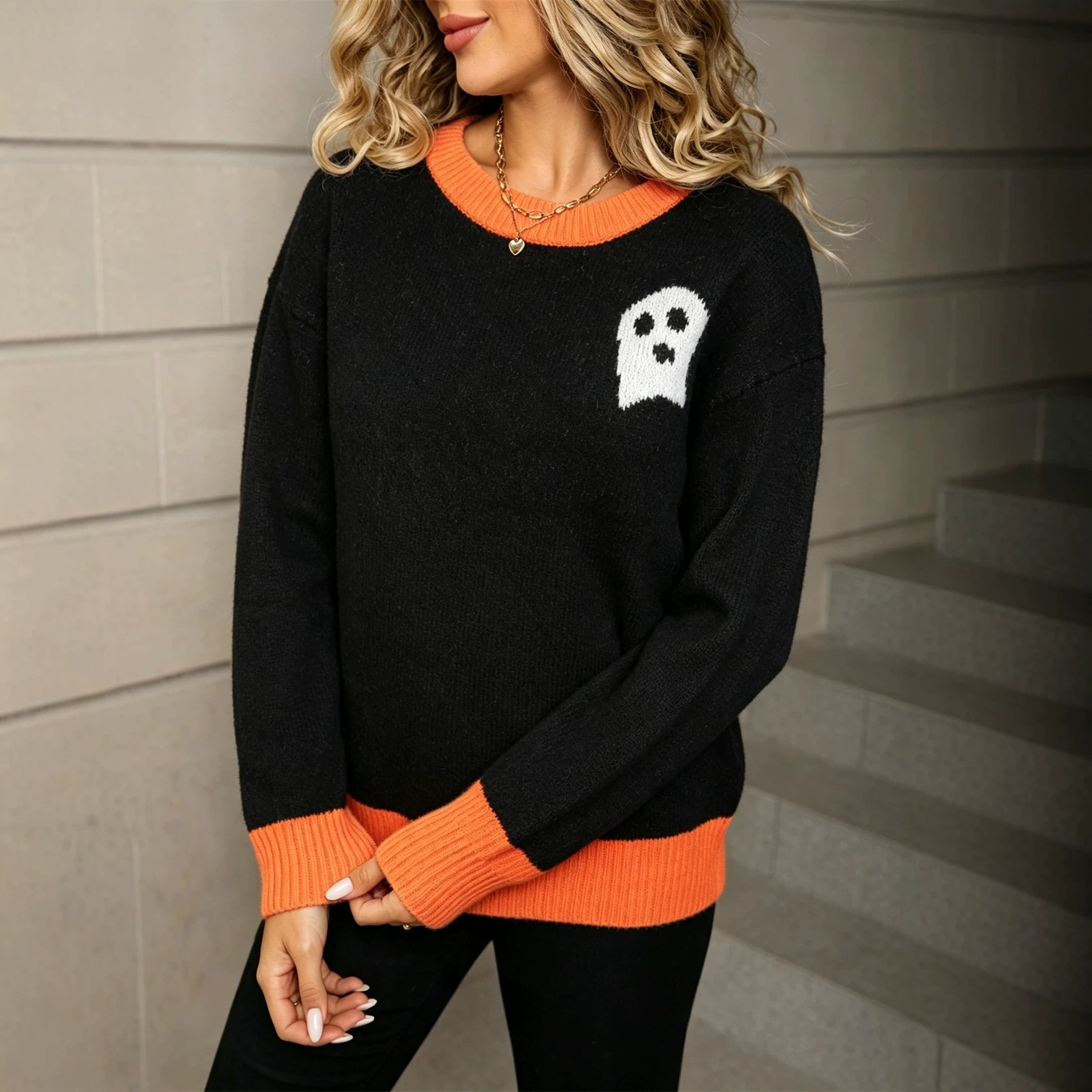 Colorblock Ghost Graphic Crewneck Knit Sweater