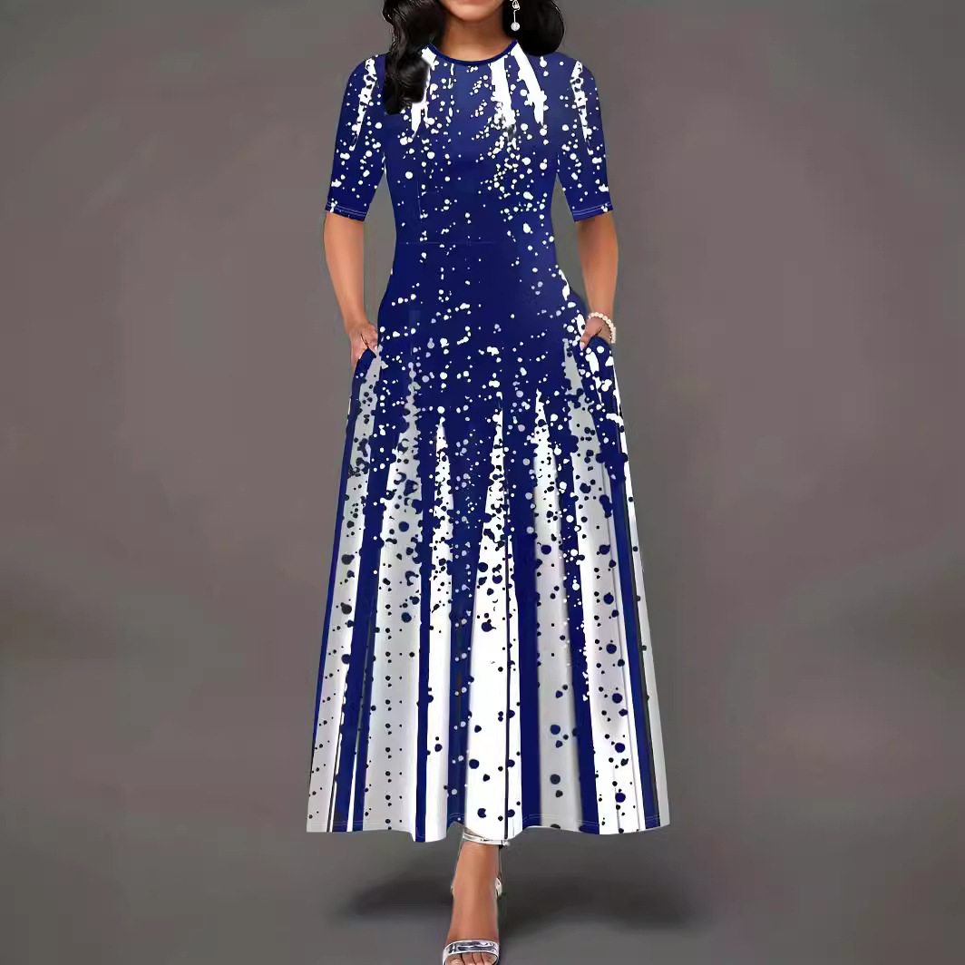 Women's Gradient Print Short Sleeve Round Neck Long Dress