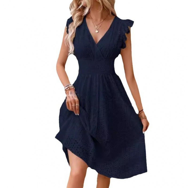 Women's Midi Dress Jacquard Hollow-Out V-Neck Slimming Plus Size Solid Color
