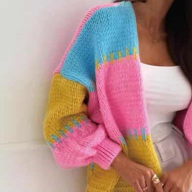Color-Block Cropped Knit Cardigan Blue Pink Yellow Lazy Loose Sweater Coat