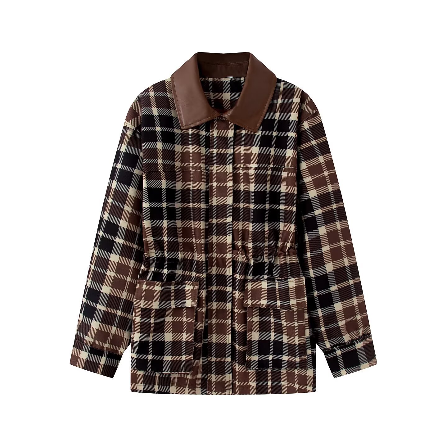 Retro Color-Block Plaid Collared Waist-Cinched Woven Jacket Top