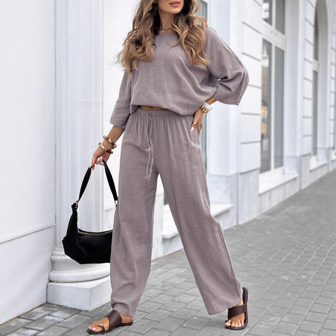 Women's Solid Color Crewneck Linen-Blend Top and Tie-Waist Pants 2-Piece Set