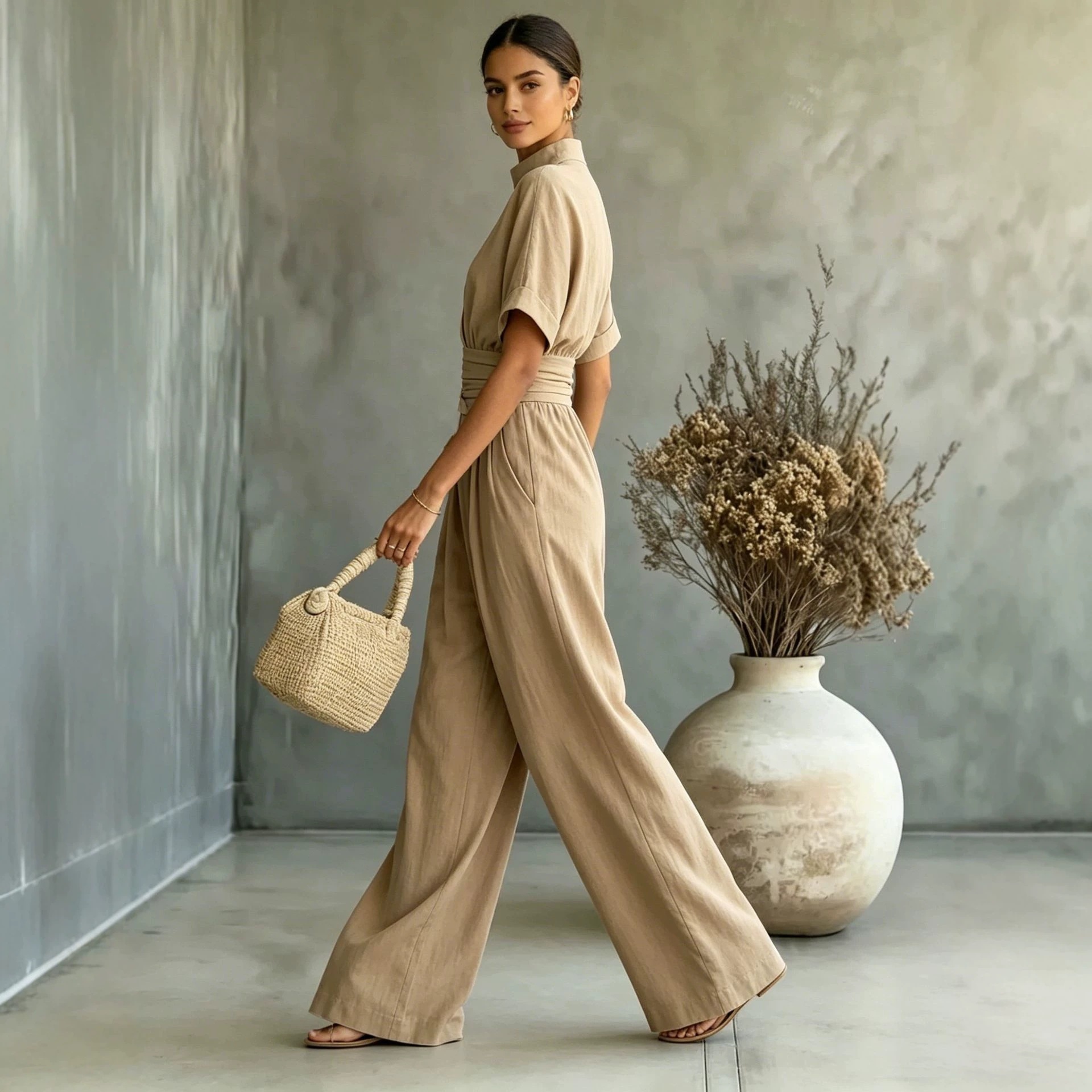 Women's Half-Turtleneck Short-Sleeve Wide-Leg Jumpsuit Solid Casual Loose Long Pants