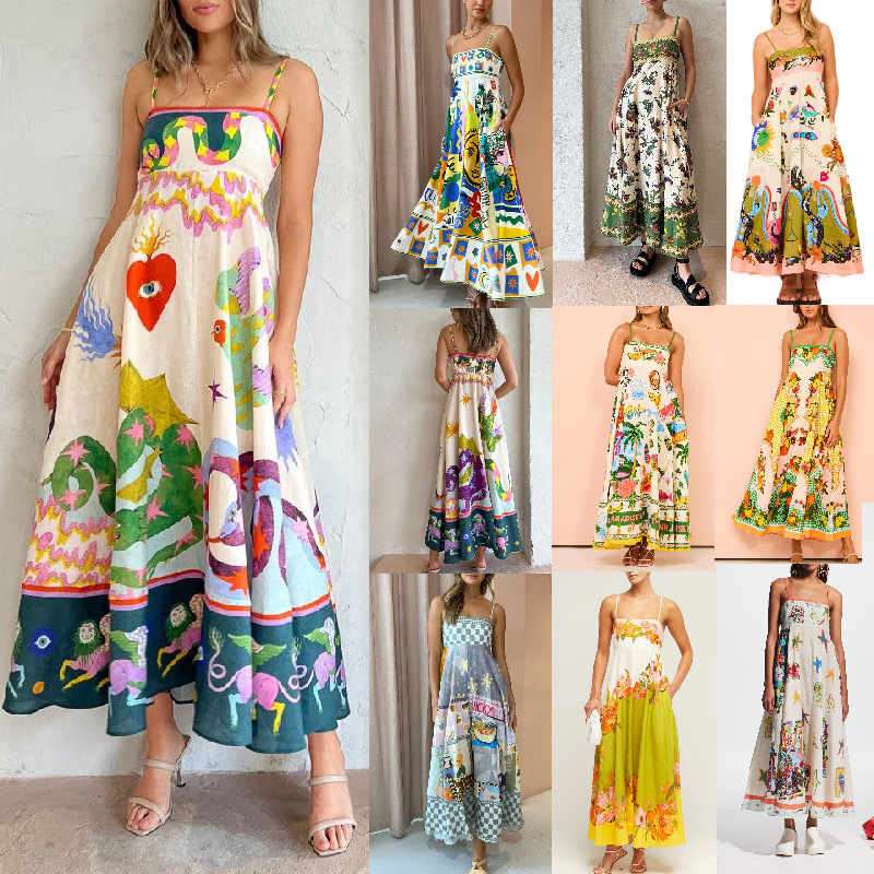 Women's Sleeveless Printed Linen Maxi Dress with Flowy Skirt