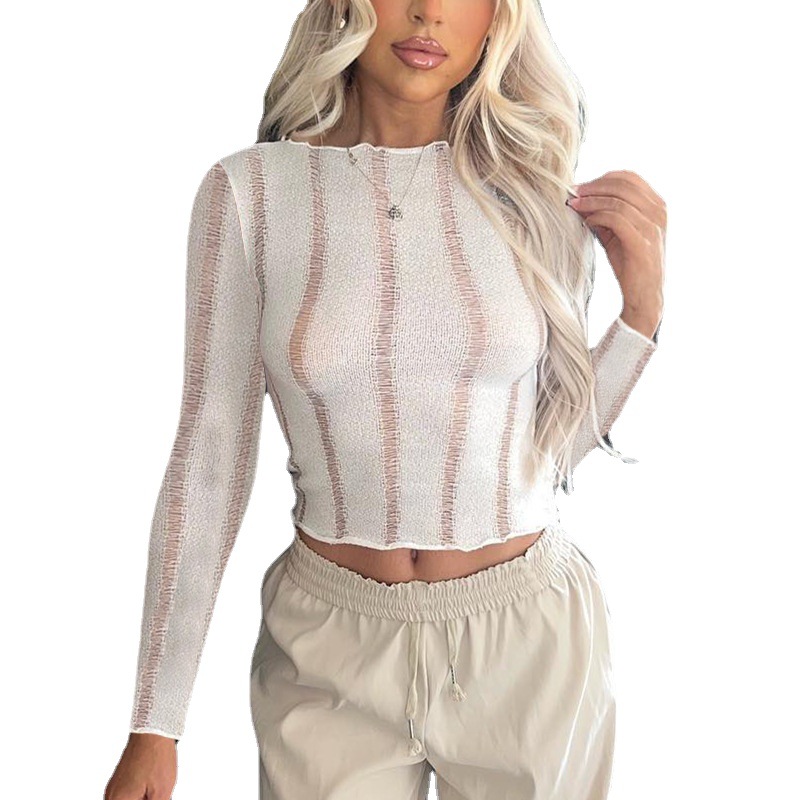 Women's Round Neck Long Sleeve Cutout Cropped Knit Sweater Slim Fit