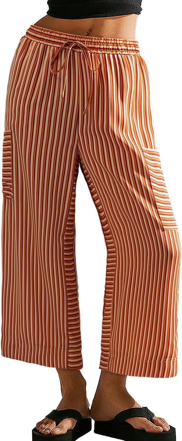 Striped Straight-Leg Drawstring Wide-Leg Beach Pants for Women