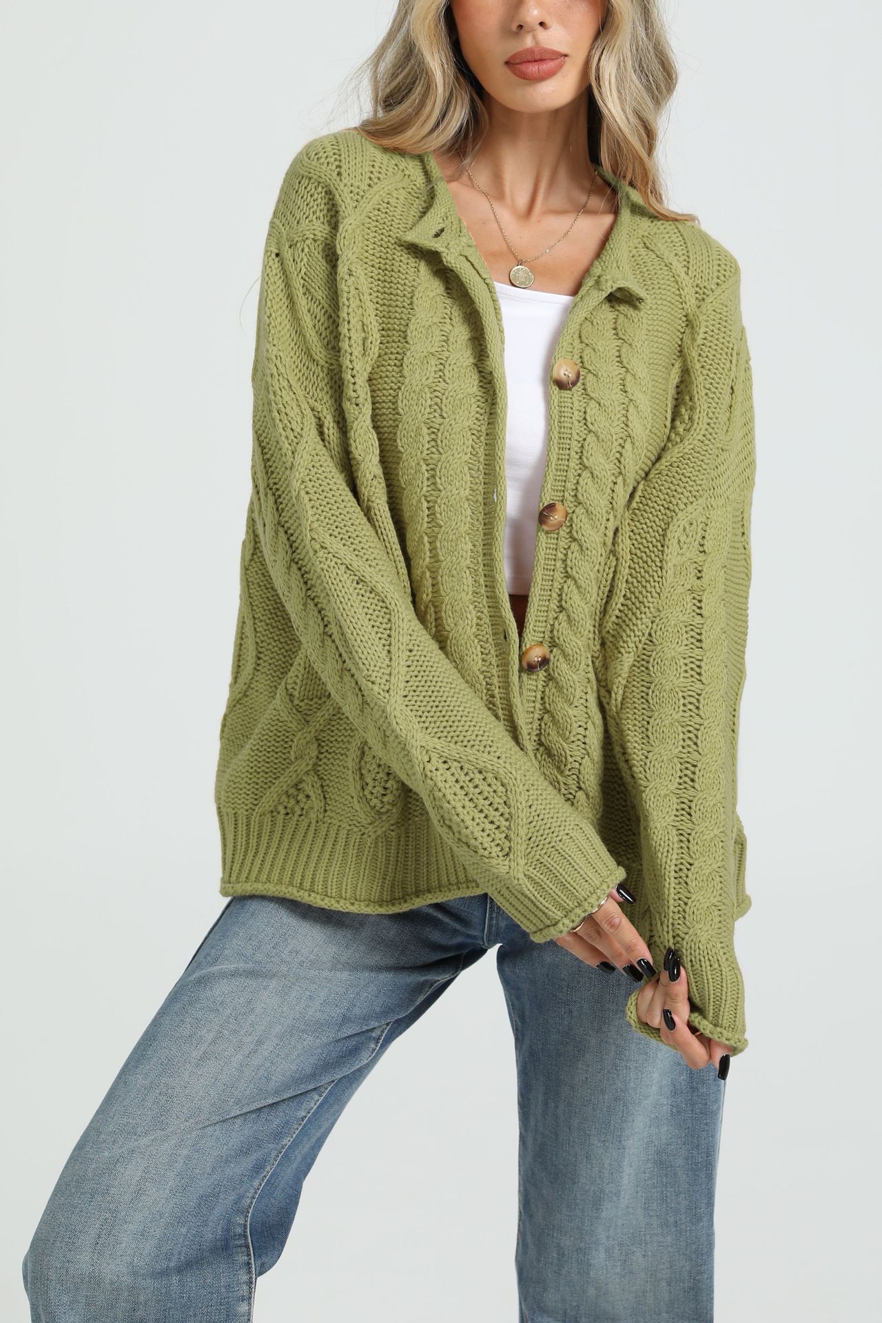 Women's Cable-Knit Cardigan Sweater Loose Fit Button-Up