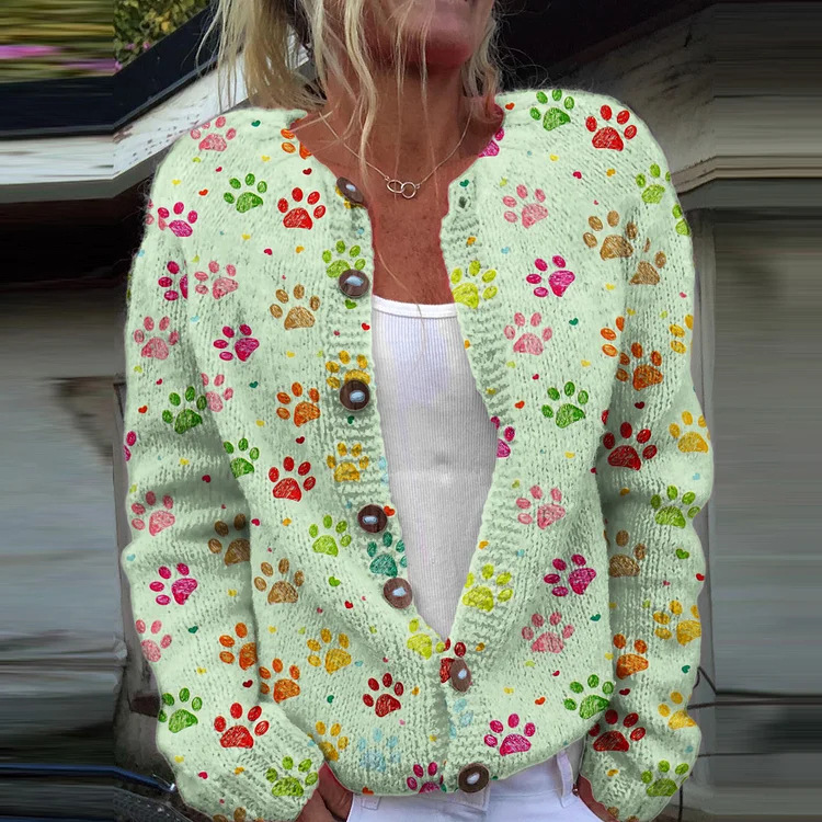 Women's Paw Print Floral Button Cardigan Sweater