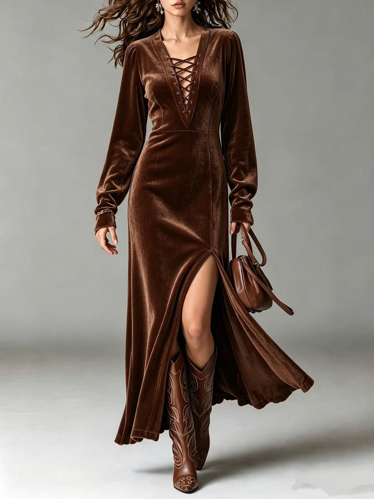 Solid Velvet Cross-Front Long Sleeve A-Line Dress