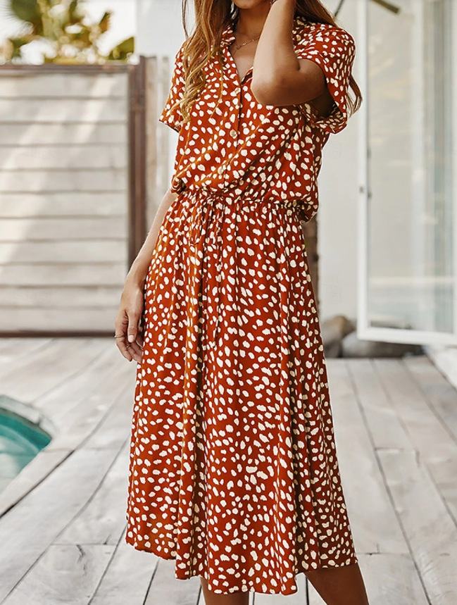 Women's Polka Dot Button-Front Tie Dress with Stone Floral Print
