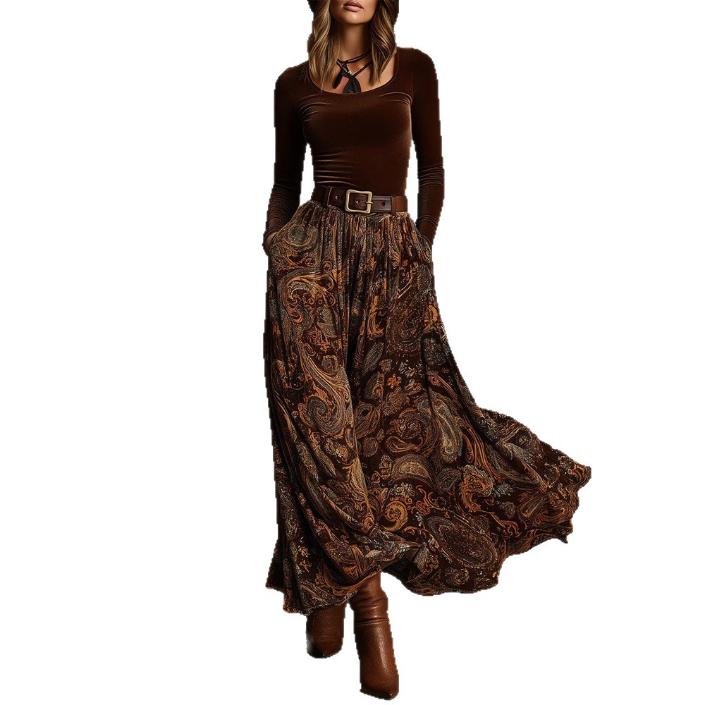 Women's Solid Color Slim Fit Floral Print Long Sleeve Maxi Dress