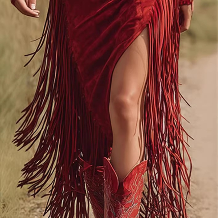 Western Style Vintage Embroidered Red Fringe Faux Suede Midi Skirt