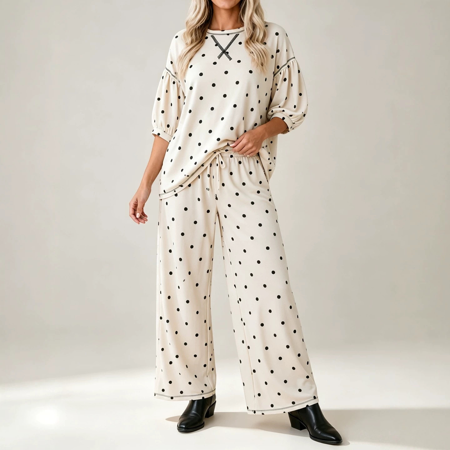 Women's Polka Dot Print Tie-Waist Wide-Leg Two-Piece Set