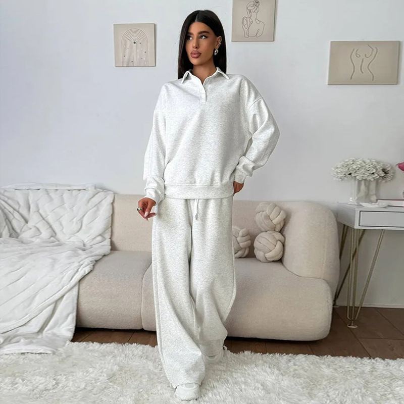 Women's Casual Two-Piece Sweatsuit Solid Color Buttoned Collar Top and Drawstring Pants