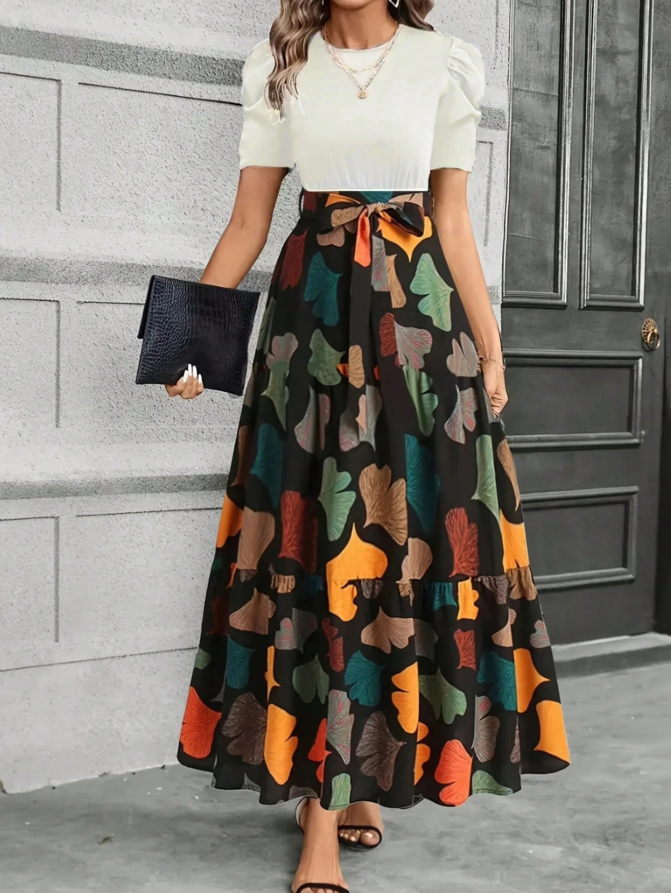 Floral Print Round Neck Short Sleeve A-Line Maxi Dress