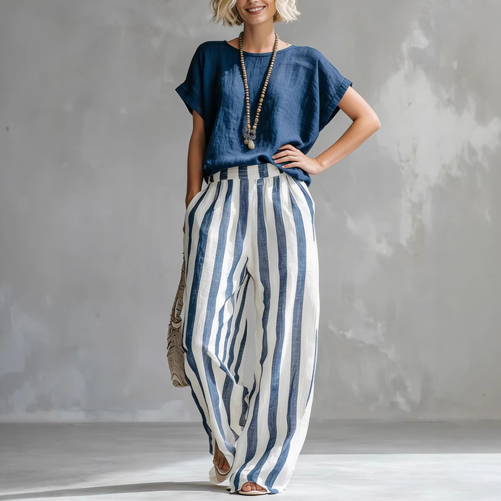 Striped Crewneck Top & Straight-Leg Pants Casual Set