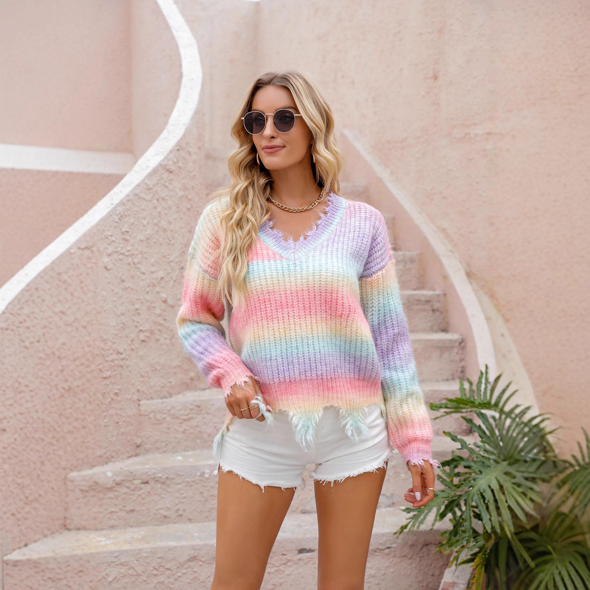 V-Neck Pullover Sweater with Ripped Fringe Rainbow Plus Size