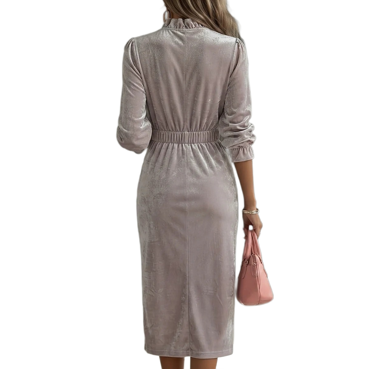 Velvet Dress with Ruffle Trim Stand Collar Elastic Waist Slit Midi
